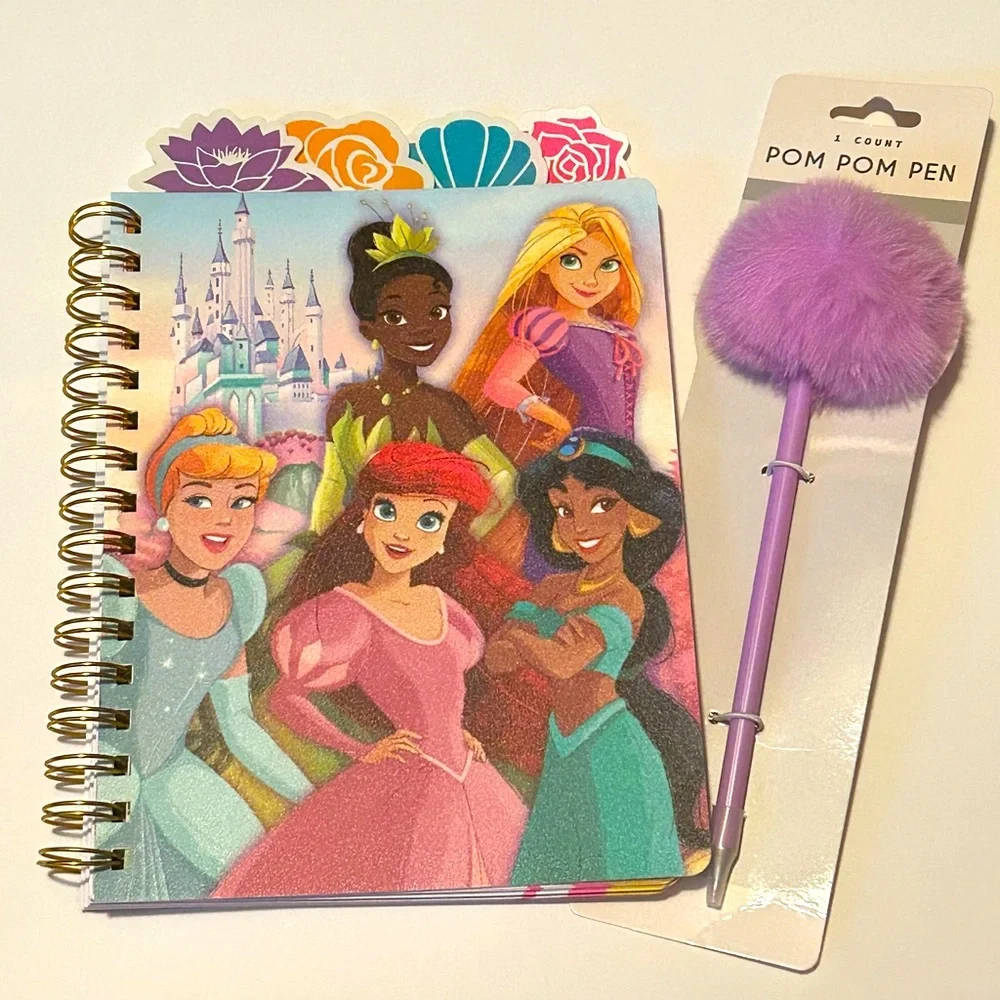 NEW! Disney Princesses Spiral Bound Journal With Tab Dividers & Pom Pom Pen(NWT)